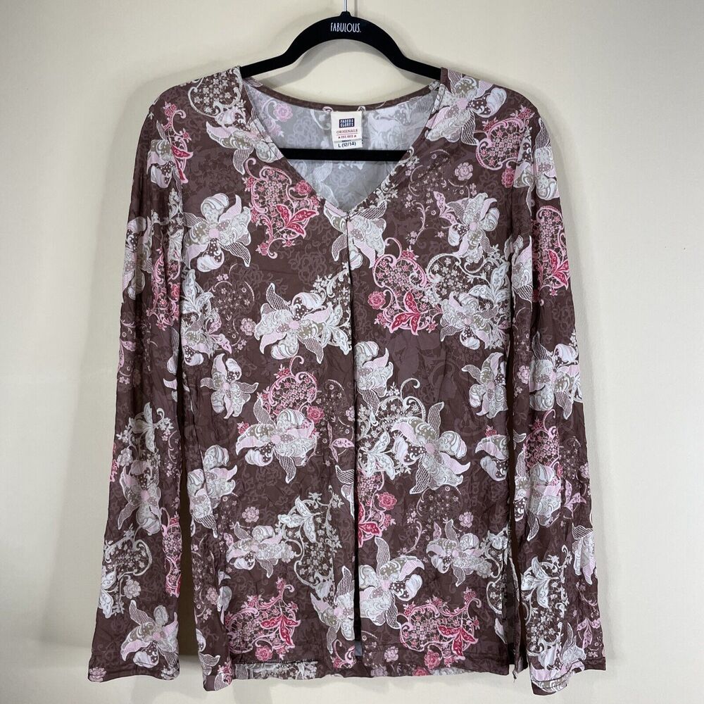 Y2K Vintage Faded Glory Top Blouse Size Large Brown Pink Floral Long Sleeve